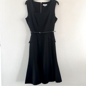 Calvin Klein Black Dress Fit Flare Belted Panel Waist flared Hem. Back Zipper 8